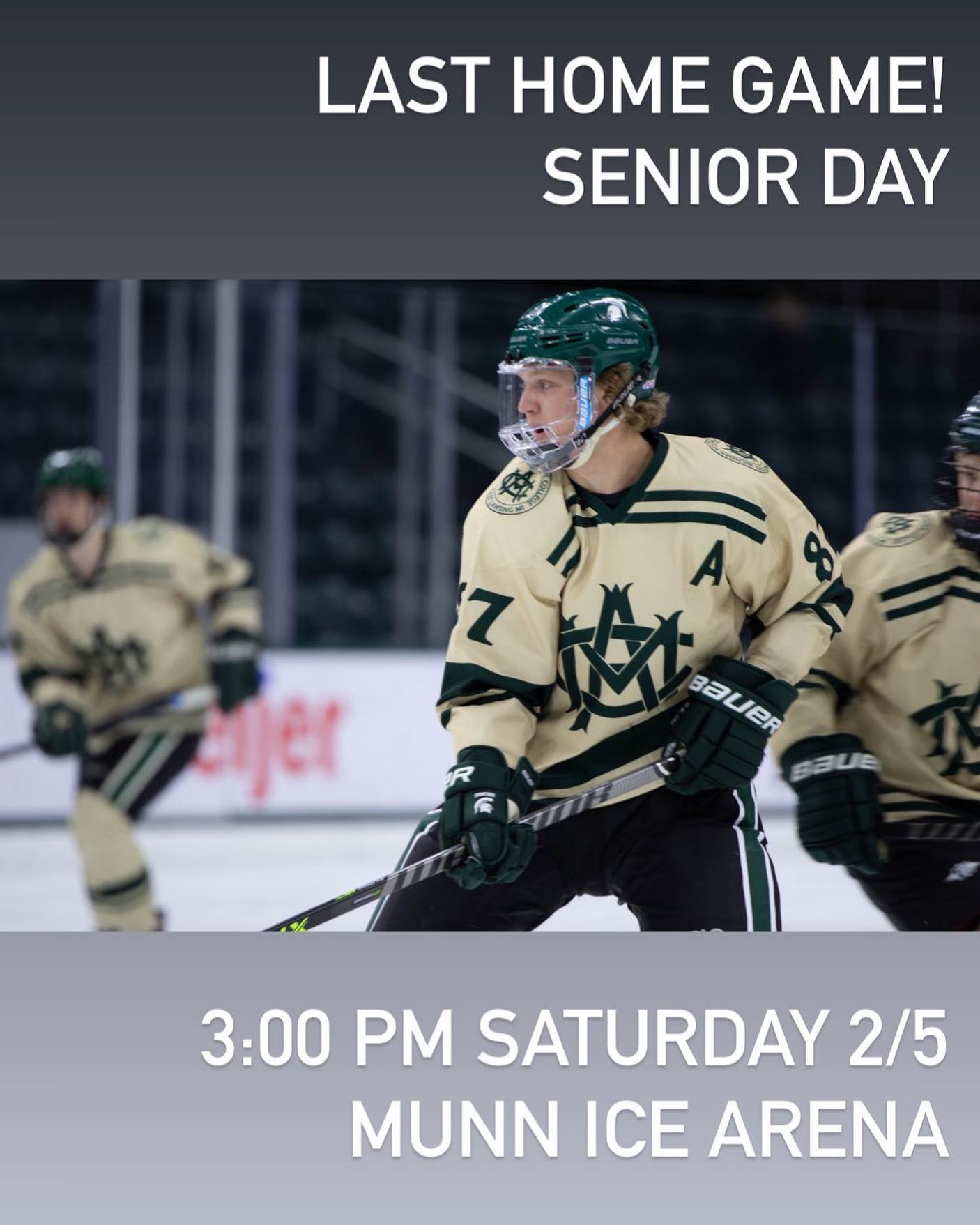 Last home game of the year and Senior Night.  The Spartans take on Grand Valley State, 3:00 pm Saturday February 5, 2022, Munn Ice Arena